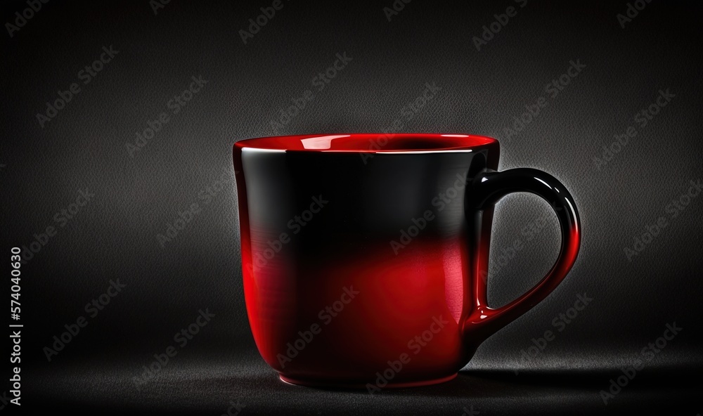  a red and black coffee cup sitting on a table next to a black wall and a black wall with a shadow o