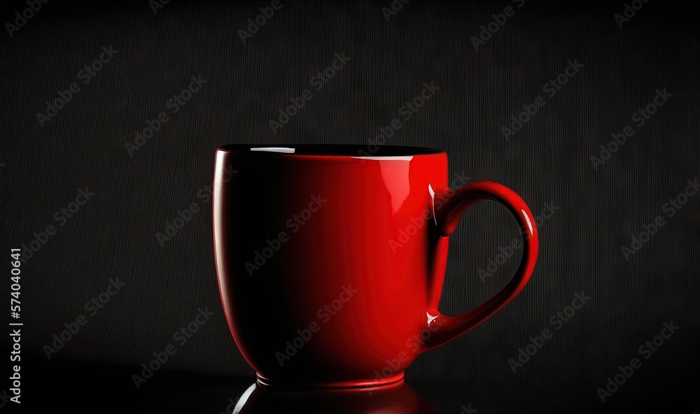  a red coffee cup sitting on top of a black counter top next to a black wall and a black wall in the