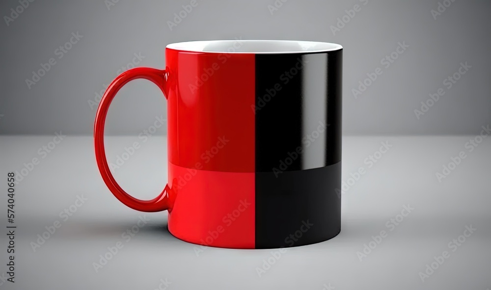  a red and black coffee mug sitting on top of a gray table next to a black and white mug with a red 