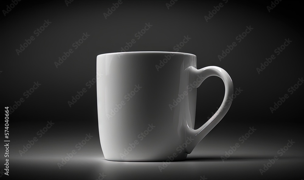  a white coffee cup sitting on top of a black table next to a black wall with a shadow on the floor 