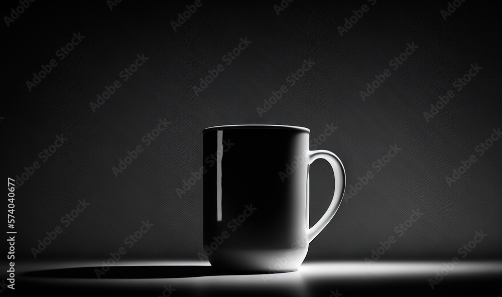  a black and white photo of a coffee cup on a table with a shadow on the ground and a black backgrou