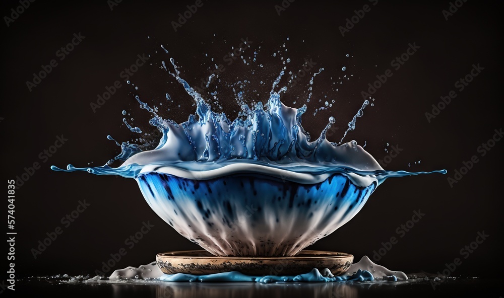  a blue and white bowl with water splashing out of the top of it, on a black background with a refle