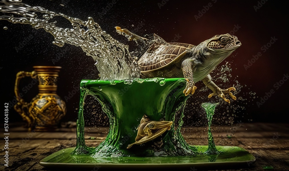  a turtle splashing water into a green cup on a table next to a vase with a gold vase in the backgro