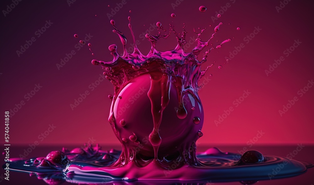  a pink liquid splashing into a puddle of water on a purple background with a pink background and a 