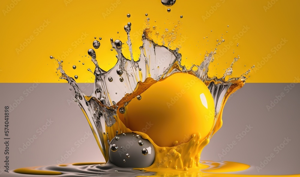  a yellow and gray background with a splash of liquid and an egg on the ground with a yellow and gra