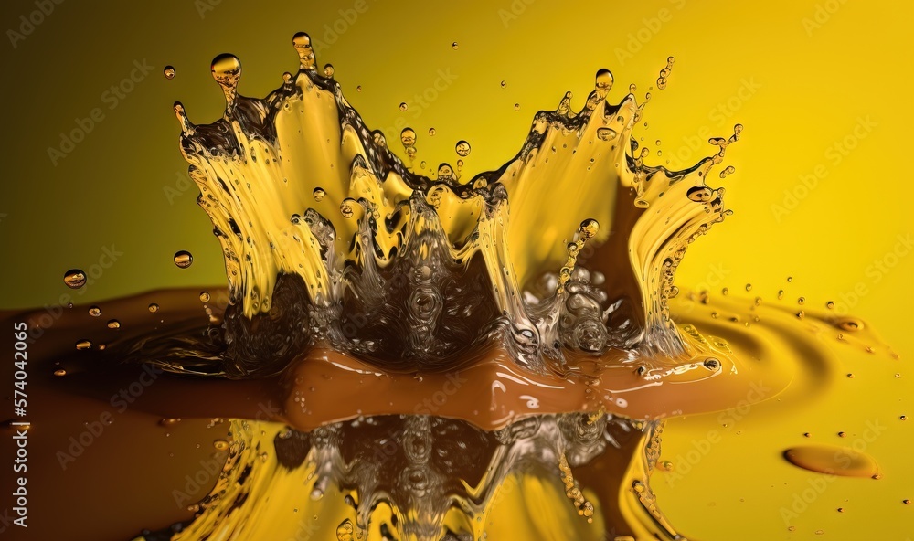  a yellow and brown liquid splashing on top of a yellow surface with a black and white reflection on