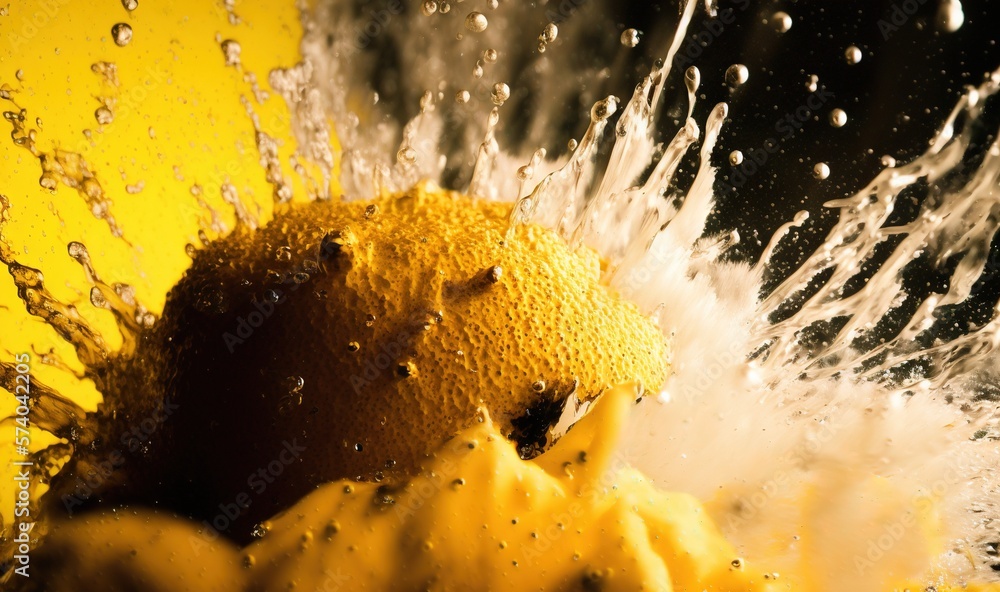  a close up of a yellow fruit with water splashing on its face and a black background with a white 