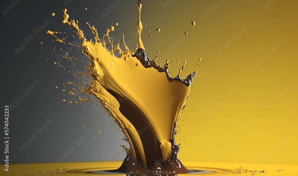  a yellow liquid splashing out of a yellow liquid bottle on a yellow surface with a black background