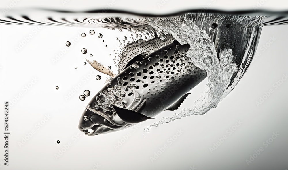  a fish in the water with bubbles and water droplets on the bottom of the fishs head and body, with