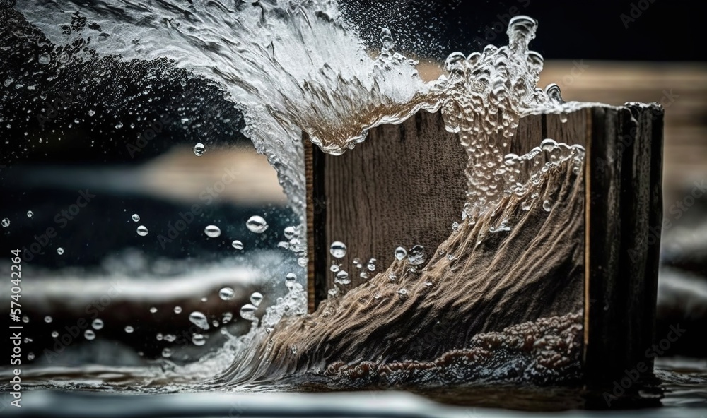  a wooden box with water splashing out of its sides and a wooden box with water splashing out of it