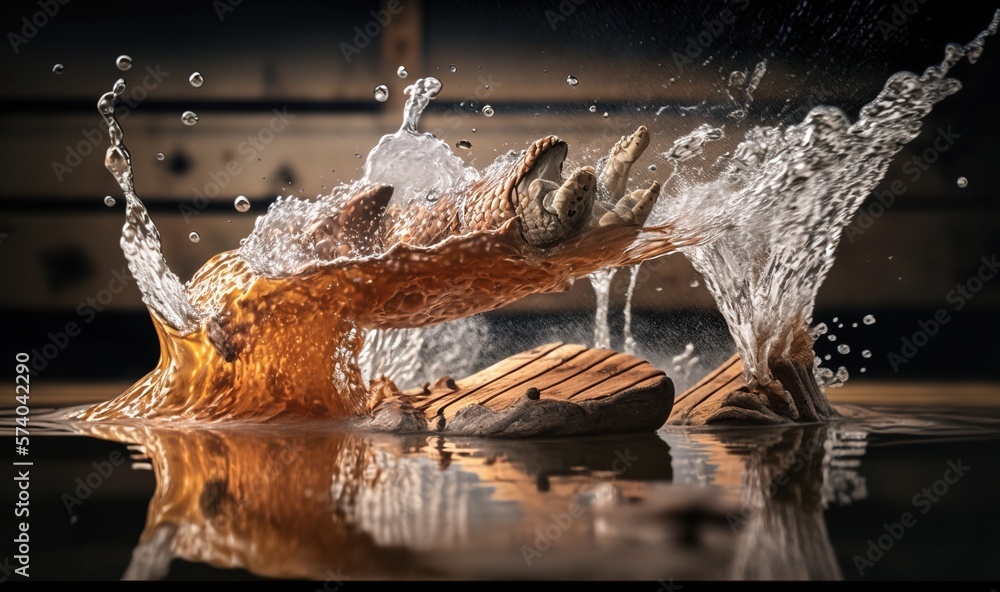  a splash of water on a rock in the water with a reflection of the rock in the water and the splash 