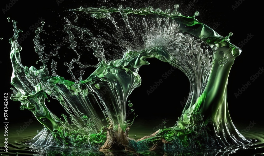  a green liquid splashing into the water on a black background with a reflection of a tree in the mi