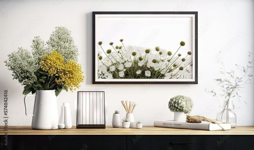  a picture of flowers and plants on a table in a room with a framed picture on the wall above it and