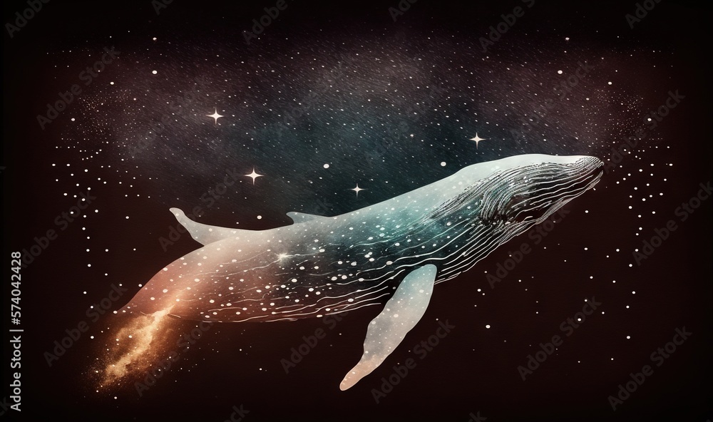  a painting of a humpback whale swimming in the ocean with stars in the sky above it and a black bac