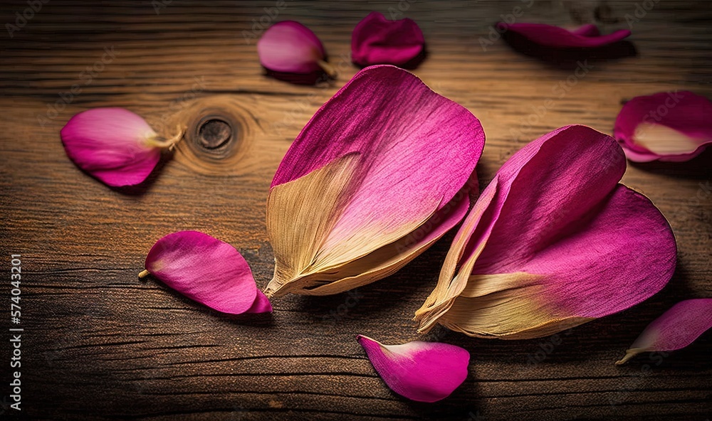  petals of a flower on a wooden table with petals scattered around them on the table top of a wooden