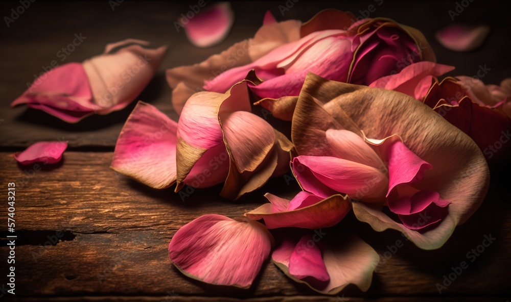  a bunch of pink flowers laying on a wooden table with petals scattered around them on the table and