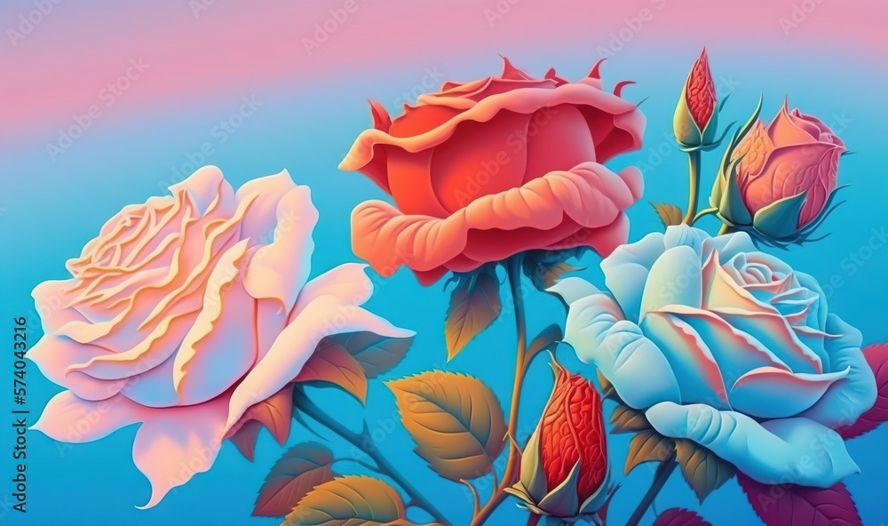  a painting of a bunch of roses on a blue and pink background with a pink sky in the background and 