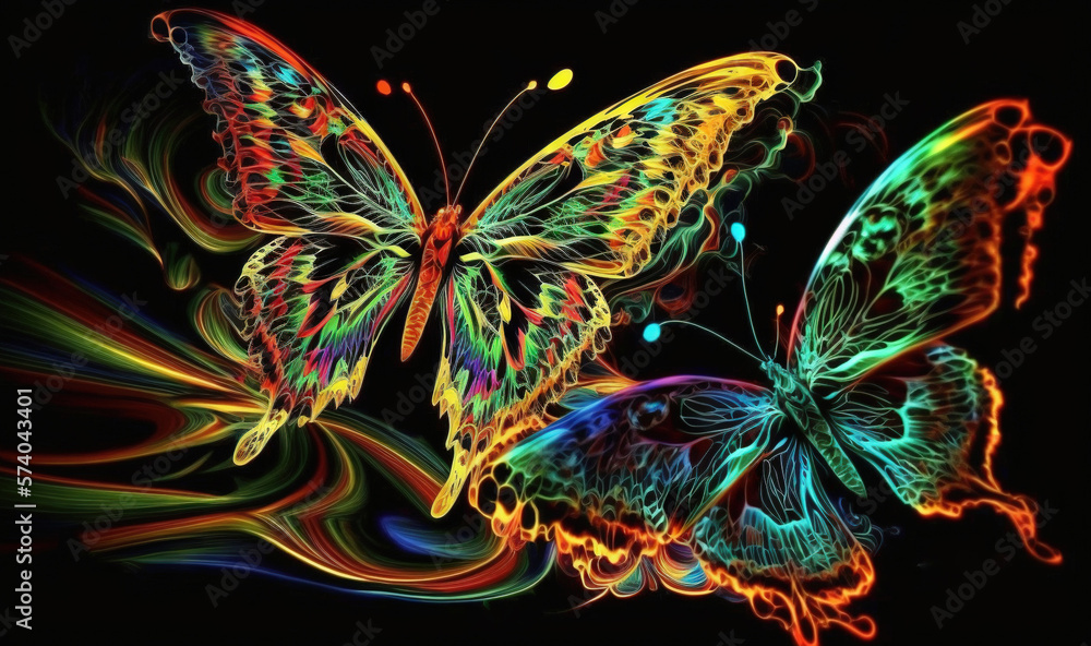  two colorful butterflies flying in the air with a black background and a black background with a re