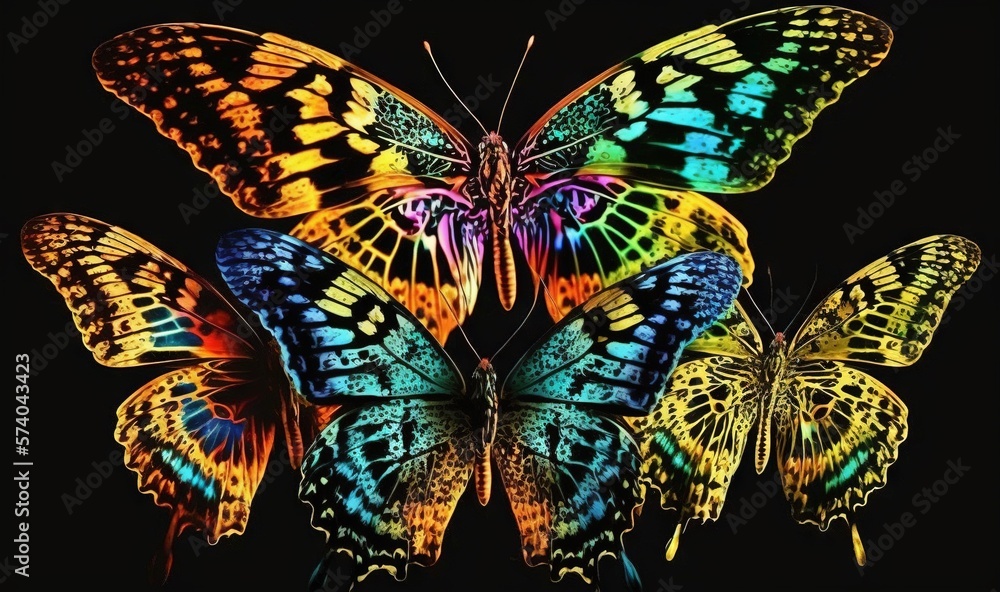  a group of colorful butterflies with different colors on their wings, all facing different directio