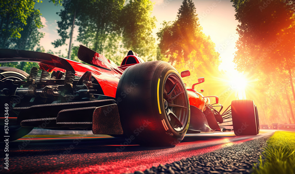  a red race car driving on a road with the sun shining behind the car and trees in the background, w