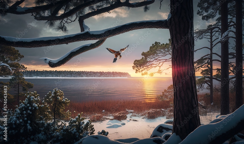  a painting of a bird flying in the air over a body of water with trees in the foreground and a suns