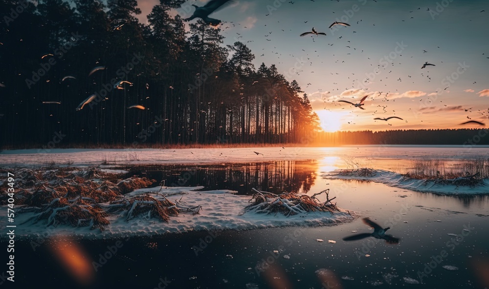  a flock of birds flying over a frozen lake at sunset with a flock of birds flying over the water at