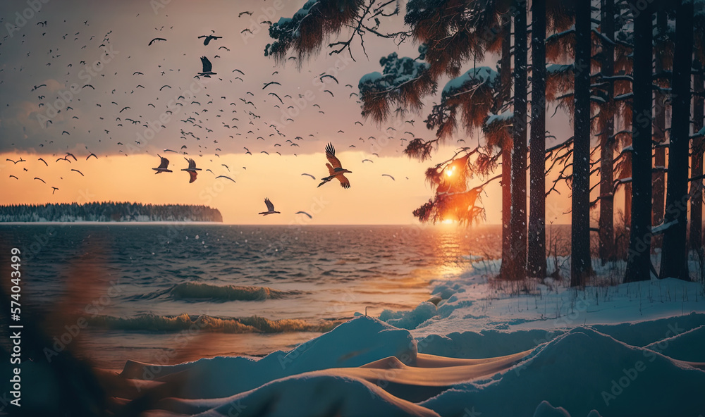  a flock of birds flying over a lake at sunset with a flock of birds flying over the water and trees