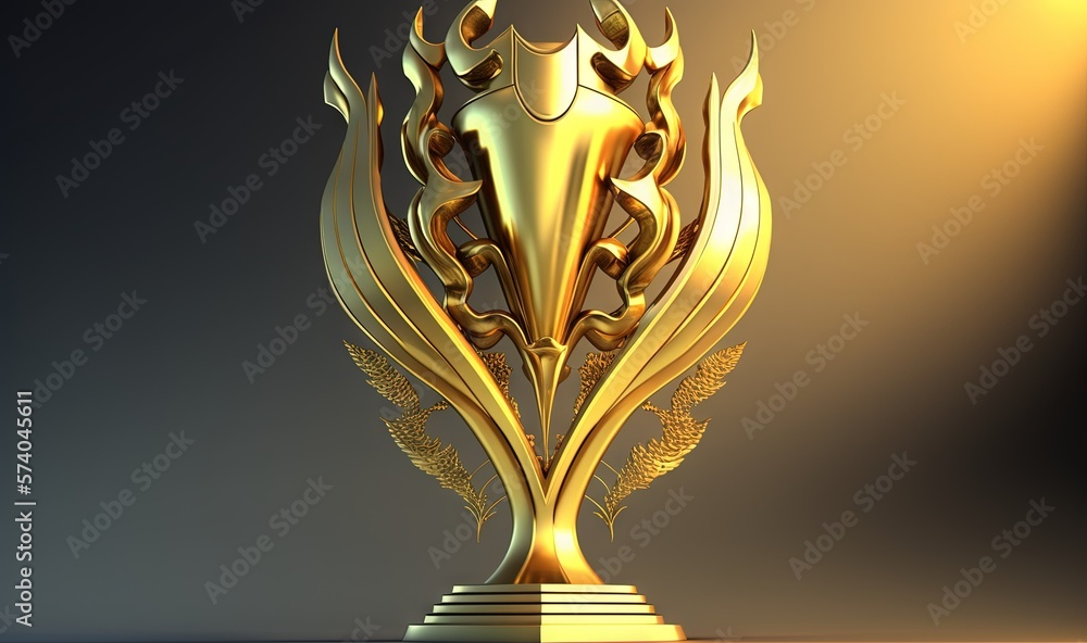  a golden trophy with a decorative design on its base and a black background with a yellow light be