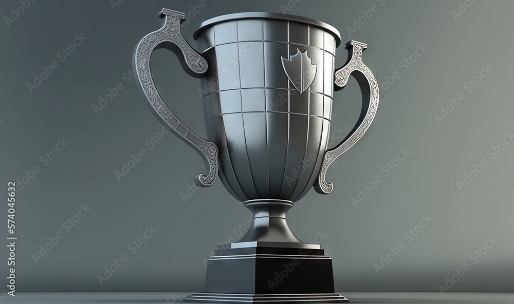  a silver trophy with a black base on a gray surface with a gray wall in the background and a black 