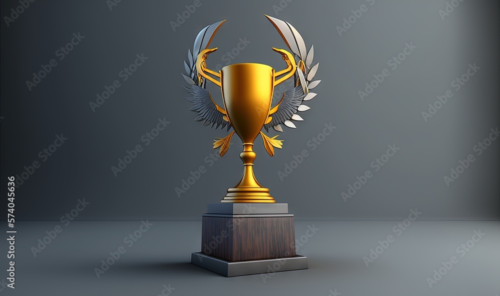  a golden trophy with two silver wings on top of a wooden stand on a gray surface with a gray wall i