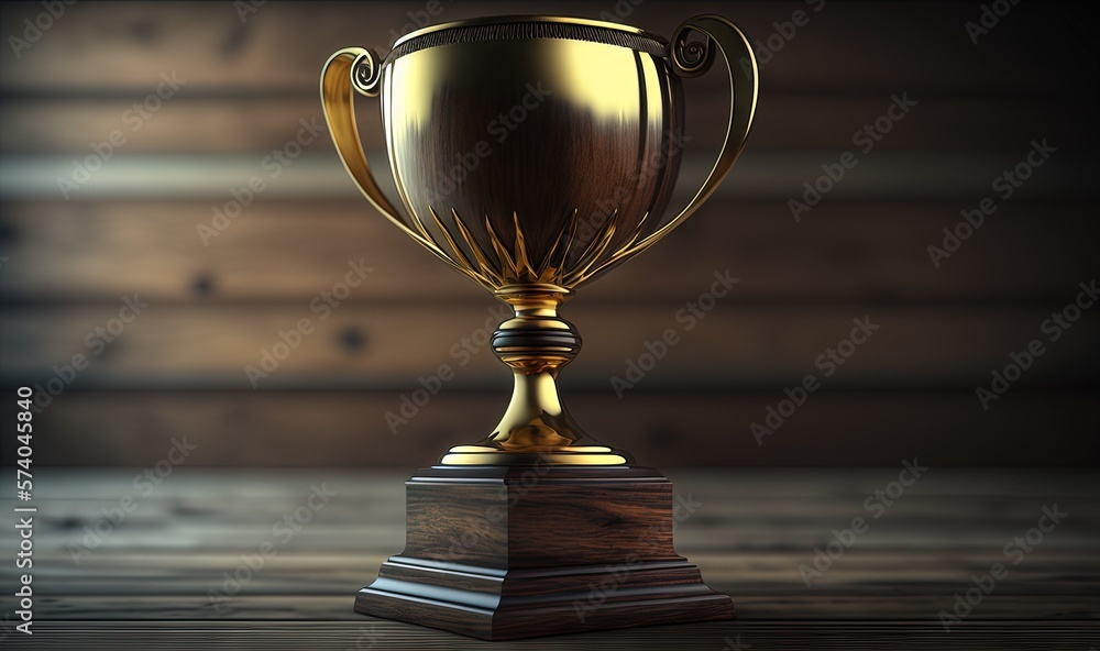  a golden trophy sitting on top of a wooden table next to a wooden wall and a wooden wall in the bac