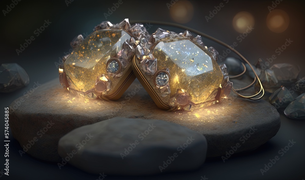  a pair of yellow diamond earrings sitting on top of a rock next to a rock with a light shining on i