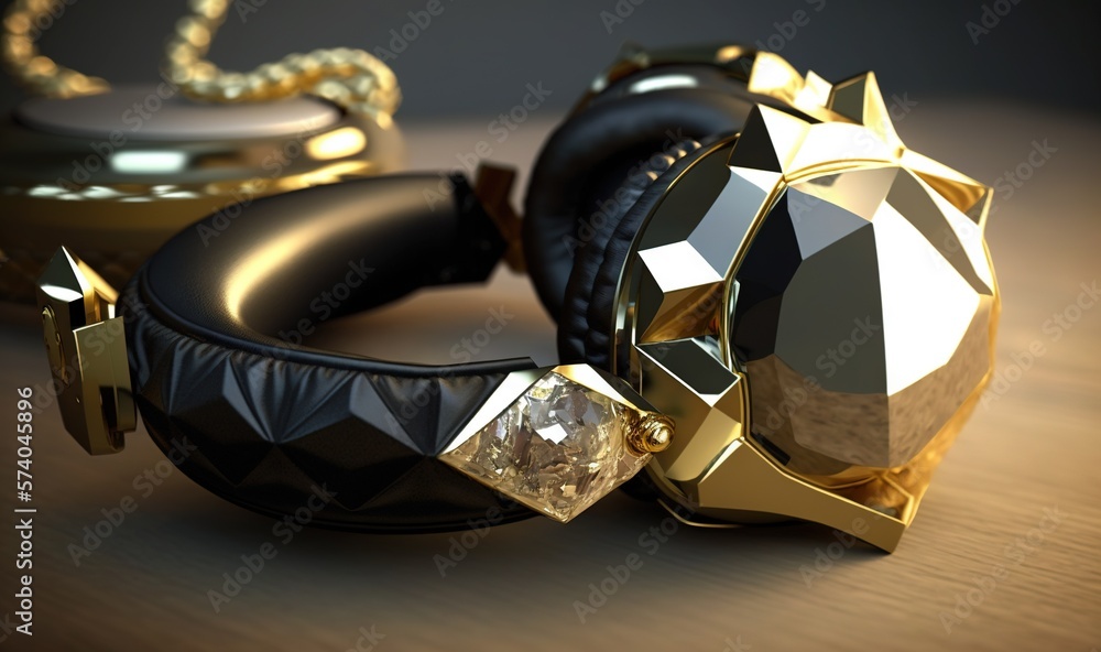  a pair of headphones sitting on top of a wooden table next to a gold chain and a black ring with a 