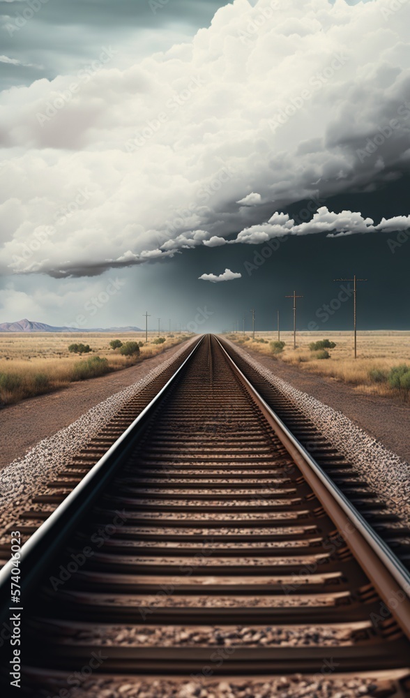  a train track stretches into the distance under a dark sky with storm clouds in the distance and a 