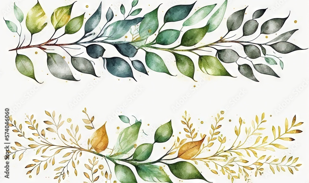  two watercolor paintings of leaves and branches on a white background, one of which is green and th