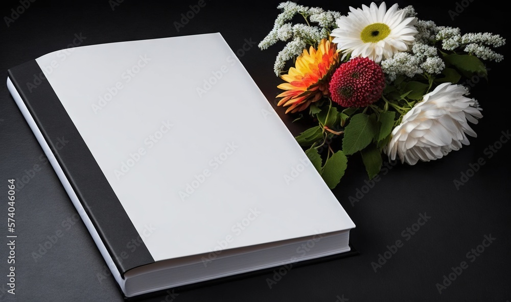  an open book with a bouquet of flowers next to it on a black surface with a white cover and a black