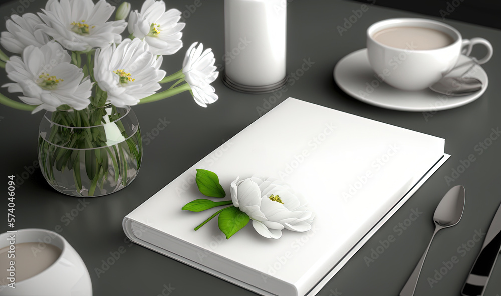  a table with a cup of coffee and a book with flowers on it and a vase of flowers on the table next 