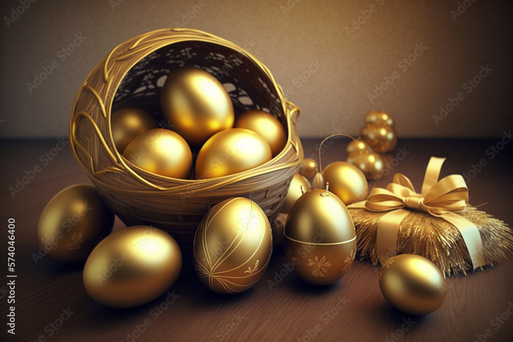 Golden easter eggs in a basket, Easter decoration, generative ai