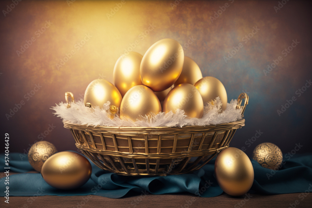 Golden easter eggs in a basket, Easter decoration, generative ai