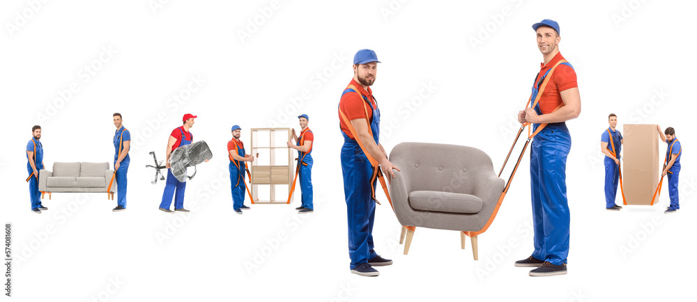 Collage of loaders carrying different furniture against white background