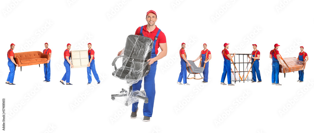 Set of loaders carrying different furniture against white background