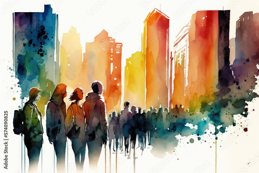 Watercolor modern society illustration, young people on city streets, modern living, rush hour, peop