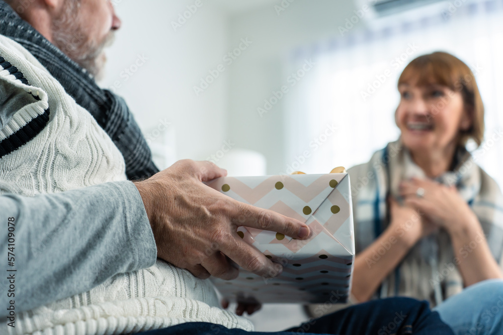 Caucasian senior elderly man surprise his wife with birthday gift.