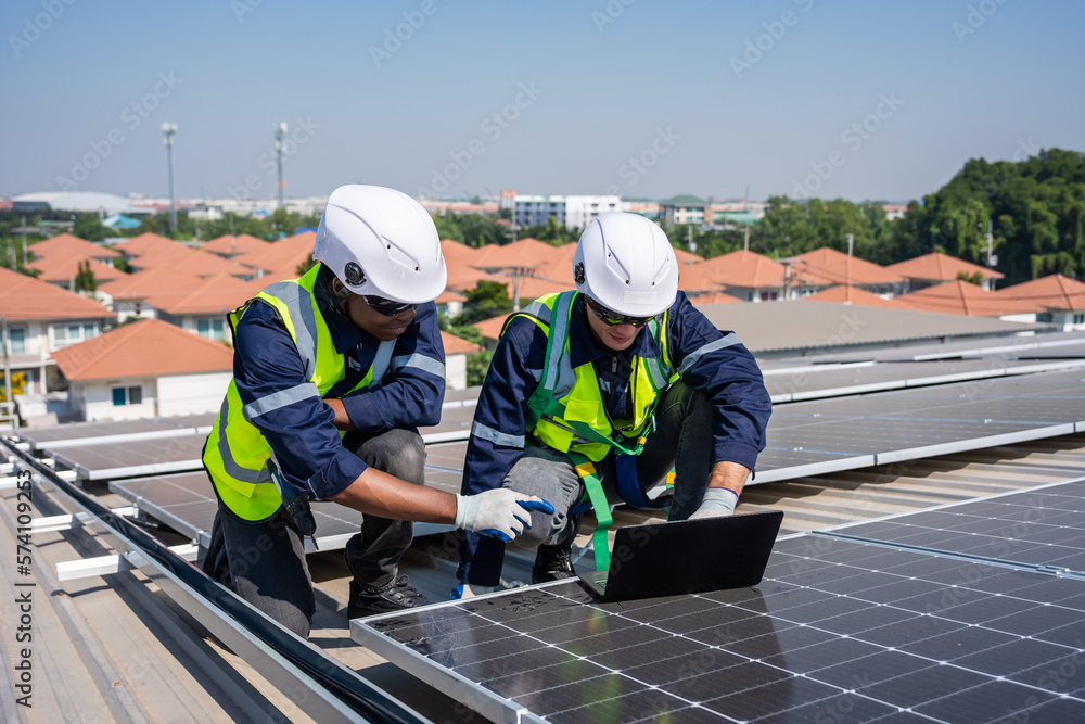 Professional engineer work to maintenance of photovoltaic panel system. 