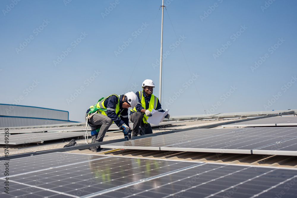 Professional engineer work to maintenance of photovoltaic panel system. 