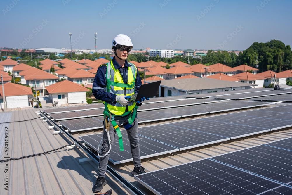 Professional engineer work to maintenance of photovoltaic panel system. 