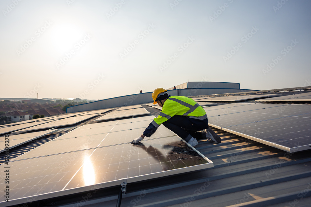 Professional engineer work to maintenance of photovoltaic panel system. 