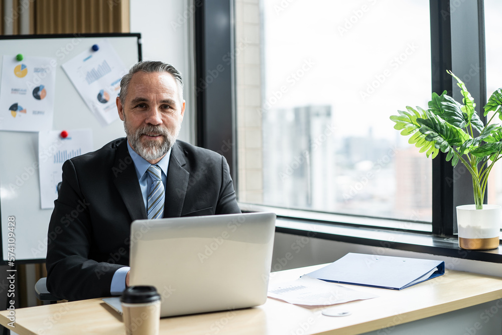 Portrait of Caucasian senior businessman working in office workplace. 