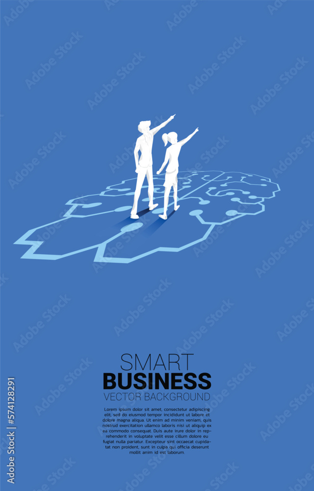 businessman and businesswoman standing on brain icon graphic on floor. icon for business planning an