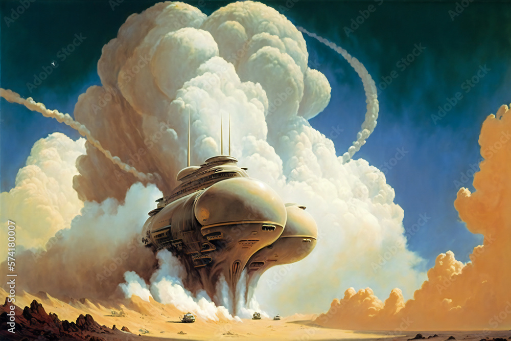 Fantasy steampunk vehicle running on the desert surface of an alien planet, producing clouds of stea